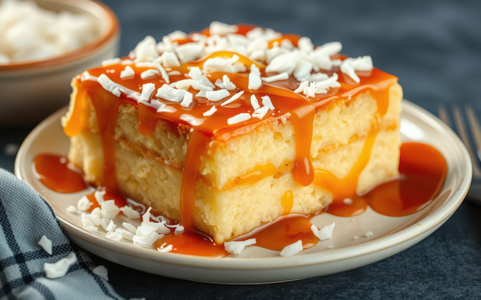 A delicious slice of coconut cake with caramel sauce and coconut flakes